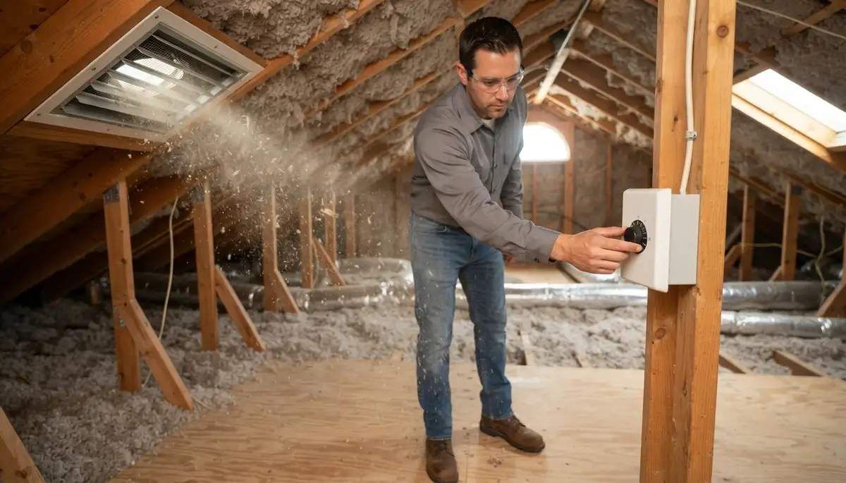 Electrician verifies attic fan airflow and thermostat operation through soffit vents in Escondido, CA