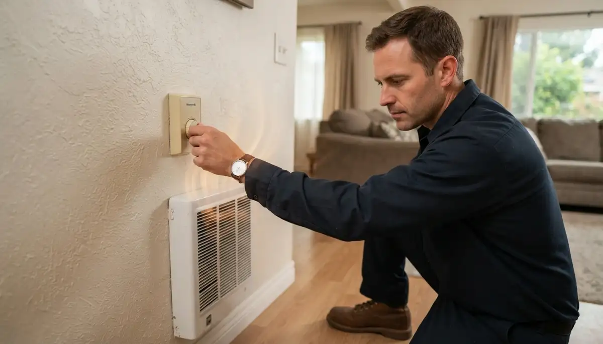 Electrician tests thermostat and warm-air output from an electric heater in Escondido, CA