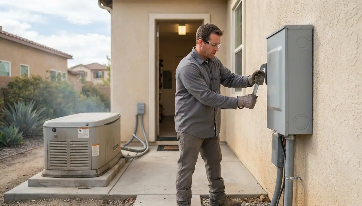 Escondido, CA electrician testing a generator transfer switch during a simulated outage with interior lights on
