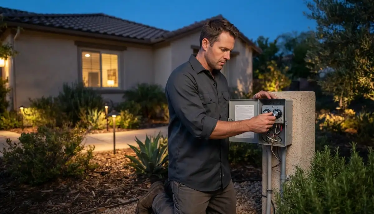 Escondido, CA electrician adjusts a low-voltage landscape lighting transformer timer during nighttime aiming.