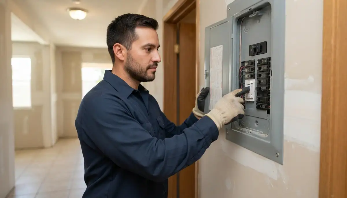 Electrician presses test button on newly installed GFCI breaker in an Escondido, CA home
