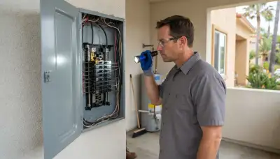 Electrician performing a whole-home electrical inspection in Escondido, CA