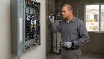 Electrician inspecting a home electrical panel during a whole-home inspection in Escondido, CA