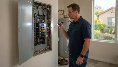 Electrician inspecting a home's breaker panel during a whole-home electrical inspection in Pauma Valley, CA