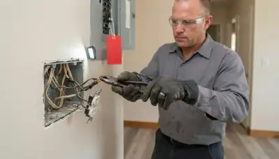 Escondido, CA electrician replacing scorched wiring and failed devices in an open junction box