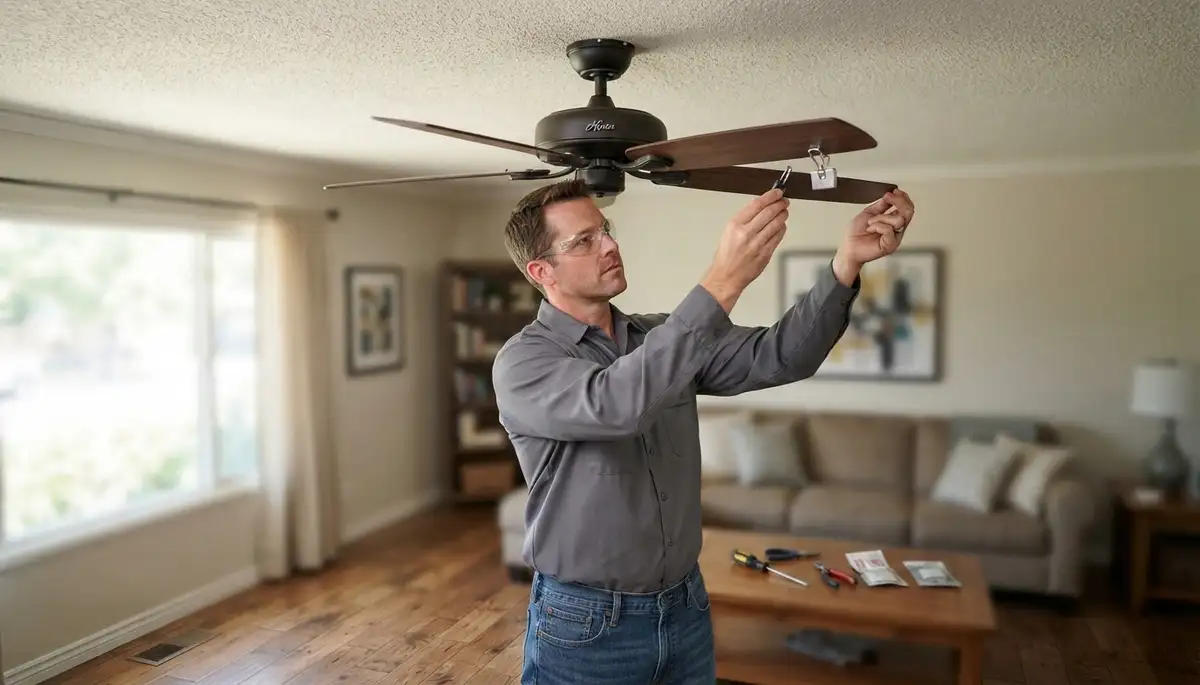 Escondido, CA electrician clips a balancing weight onto a ceiling fan blade to stop wobbling after repair